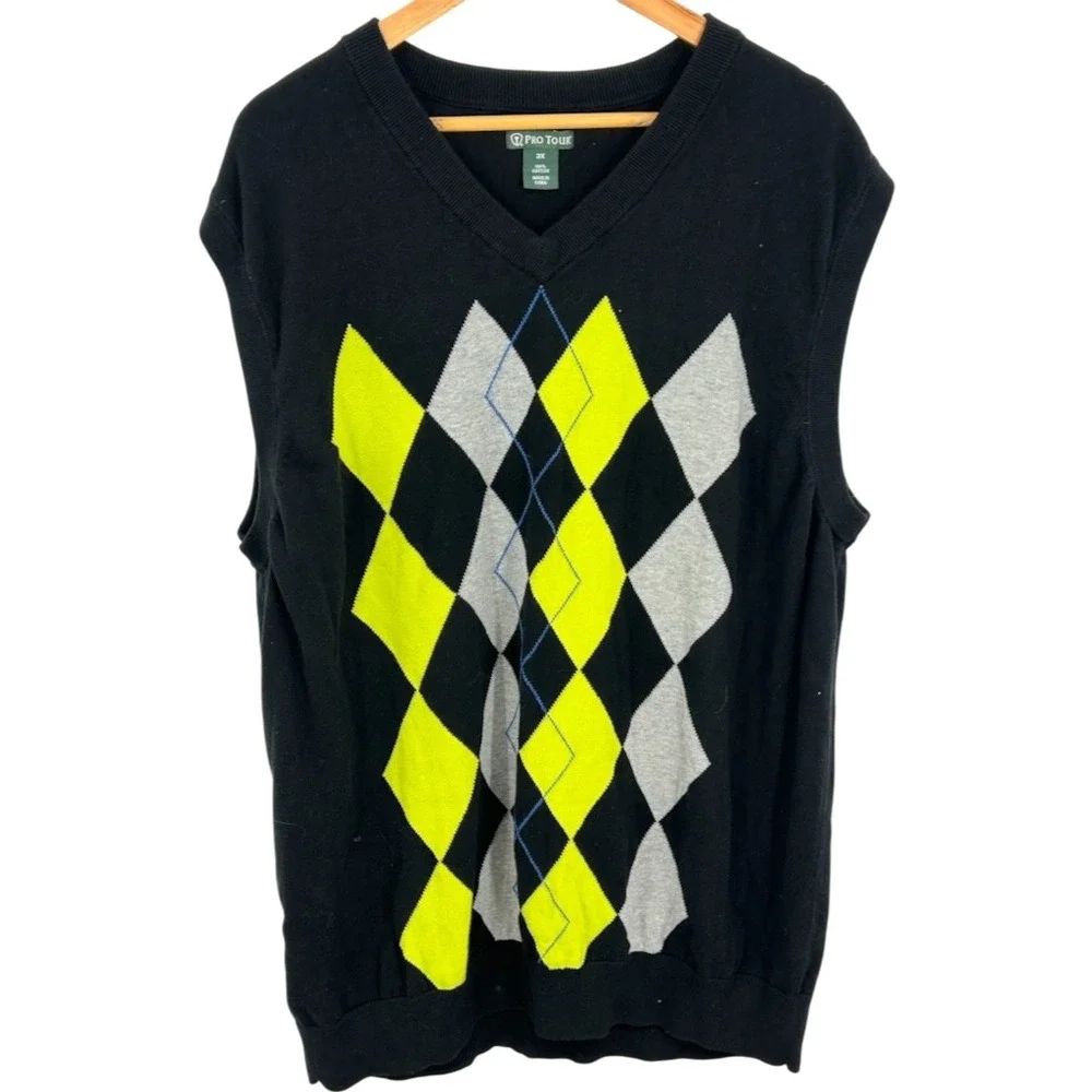 Pro Tour Mens Argyle Sweater Vest V-Neck Black Yellow Gray 3X